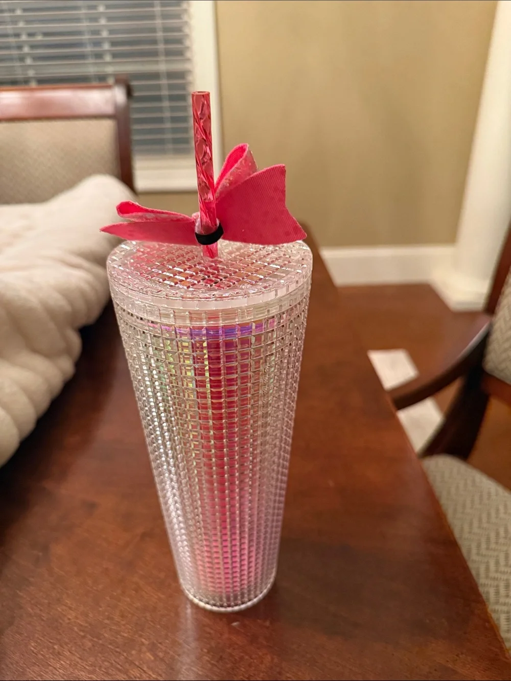 Dolly Dollcake Iridescent Pink Sequin Bow Travel Tumbler with Straw